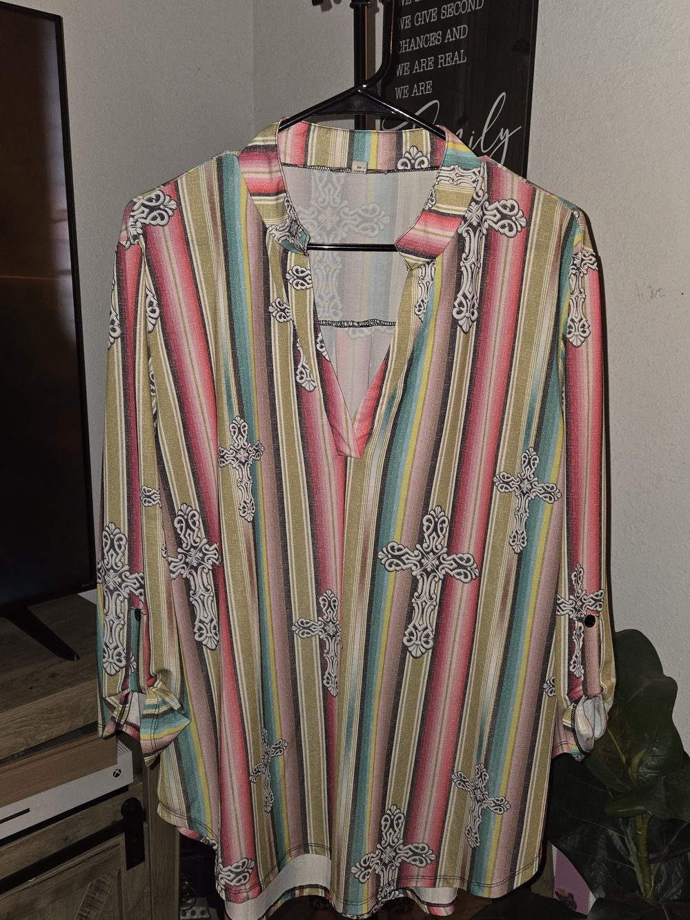 Striped Multicolor V-Neck Blouse with Cross Motif